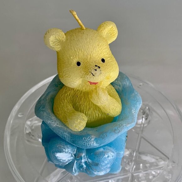 Teddy Bear Candle Happy Bear Blue Yellow Wax Baby Boy Unique Shower Gift Vintage - Picture 10 of 14